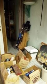 Golf clubs, Hanging lamp, professional cleaning supplies