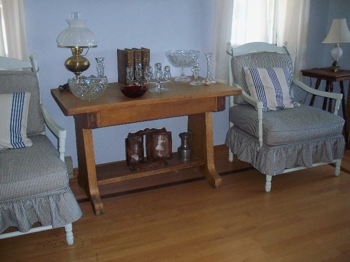 nice library table, glassware, pair of matching chairs