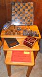Vintage Marble Chess & Checkers set atop a set of Oak nesting tables