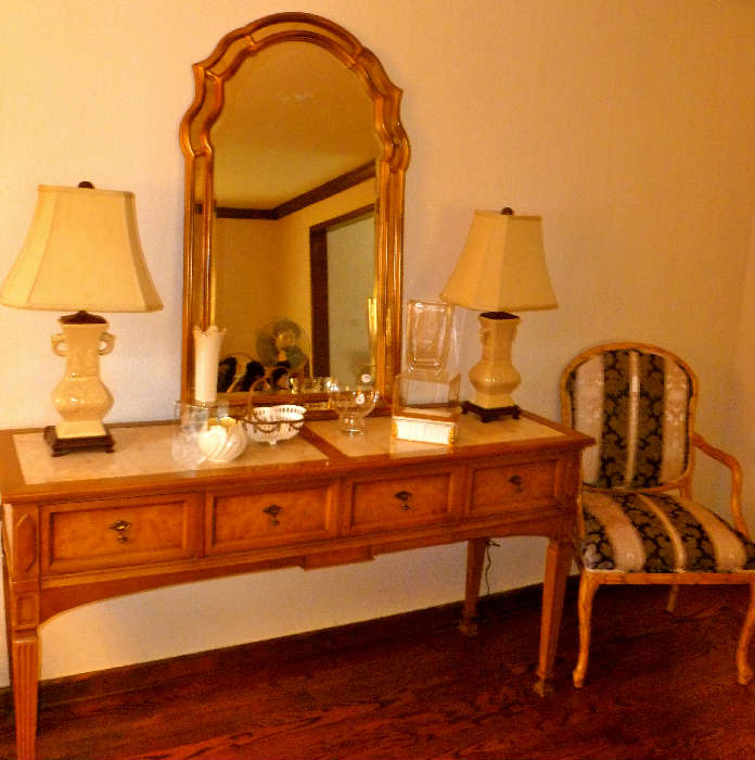 Marble top side board, gold gilt mirror