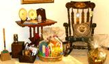 Antique cart table and vintage handpainted rocking chair