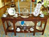 Baker Soft table filled with Vintage China, beautiful Crystal & Murano Glass