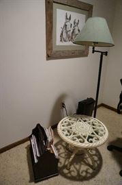 floor lamp, magazine rack, small table