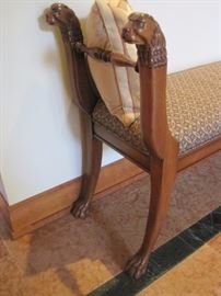 Henredon Benches with carved lion head and paw feet details.