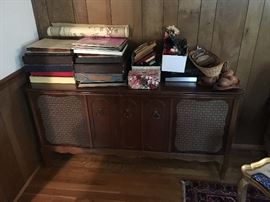 Vintage record player and records