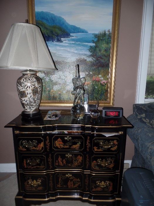Lovely Chinoiserie chest, Elephant crystal sculpture, nice lamp and original painting by: