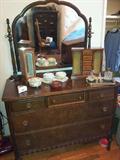 Vintage Dresser with Framed Mirror with Burl and Inlaid detailing - nice condition..more collectibles.  Top Discolored.  This piece matches the Highboy Dresser.  Lots of jewelry boxes and perfume bottles.