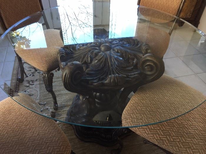 Glass & Iron Pedistal Table with Four Chairs