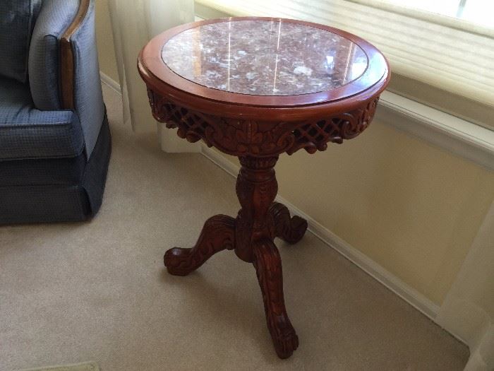 Carved Wood and Marble Top Drum Table