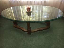 Vintage Drexel coffee table--large oval beveled glass top, wooden base.