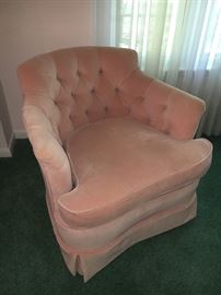 Matching pair vintage pink velvet chairs.