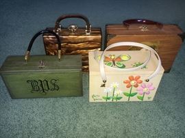 Vintage box purses, Enid Collins, Stylecraft lucite and other wooden.