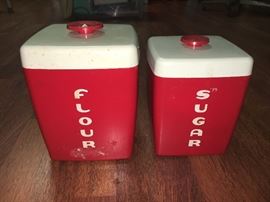 Vintage plastic canisters--flour, sugar and coffee (no lid).