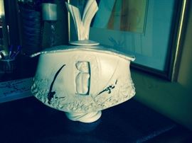 Sculptural ceramic vase/urn by N. Ray Kaylor Jr and is wife is ML Bagwell, of Robbinsville, NC. There is a window on each side, I believe this may be a wedding vessel one nude female the other nude male. Valued at $350 Starting bid $175.