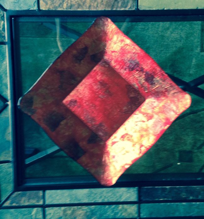 red and gold decorator dish clear glass textured with paint on the underside. $10.
