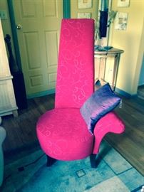 Tall Red parsons chair. Conversation piece for sure! Made by Perfect Chair Inc., it is called Katz Bark Tall Parson chair. Originally sold for $509. Starting bid $220.