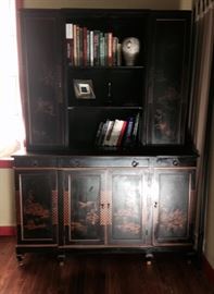 Vintage Union National 4 Door Asian Chinese Black Chinoiserie China Cabinet. 52"w x 70" tall. $350 OBO