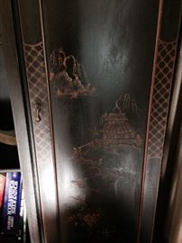 Door detail of Vintage Union National 4 Door Asian Chinese Black Chinoiserie China Cabinet. 52"w x 70" tall.  $350. OBO