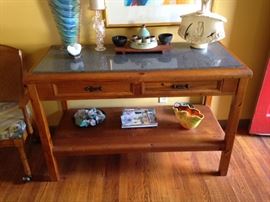 Kitchen Island with Granite top. Drawers open on both sides. 52"L x 24"D x 34"H Two towel bars currently detached. Handcrafted by Oak Hill furniture company in Camden S.C. Solid Recycled Siberian Pine from the Trans-Siberian Railroad, spanning the eastern wilderness of Russia that was built in the late 1800's. It is said to be one of the greatest engineering projects in history. I still have the brochure on this piece. Having never been used in a kitchen it is in pristine condition. Original price was $749.  Bidding starts at $400.