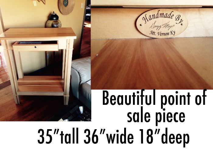 Handmade Bench with locking drawer. Makes a beautiful point of sale desk for a gallery.