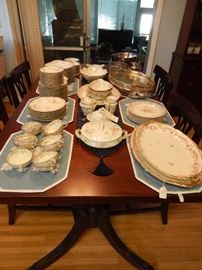 109 PC. SET OF HAVILAND LIMOGES CHINA, 2 LARGE L.J. LIMOGES PLATTERS AND SILVER GALLERIED TRAYS