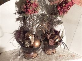 Beautiful arrangement with heavy gold and black ball, peacock feathers in heavy black and gold bowls. $ 50.00 for set. 