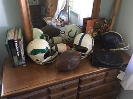 Vintage football helmets and gear