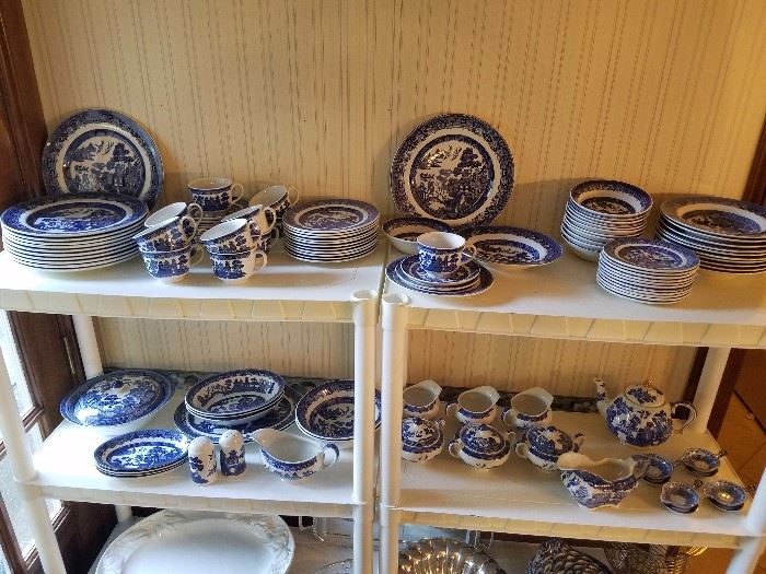 Blue Willow by Johnson Bros. England Full service for 12.  Plus we have another dinner ware set service for 8 plus being sold by the piece. 