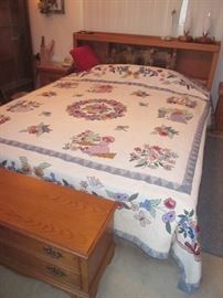 OAK KING BED & QUILT.  OAK BLANKET CHEST