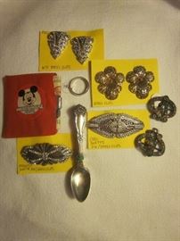 MICKEY MOUSE CLUB WALLET.  TRIFARI & CORO DUETTE DRESS CLIP/PINS. 14k WEDDING BAND.  SILVER PLATED "ARBUTUS" DEMITASE SPOONS.  VINTAGE BELT BUCKLE