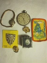WOMAN'S & MEN'S POCKET WATCH, DRESS CLIP, ELKS PIN & GIRL SCOUT MEMORABILIA