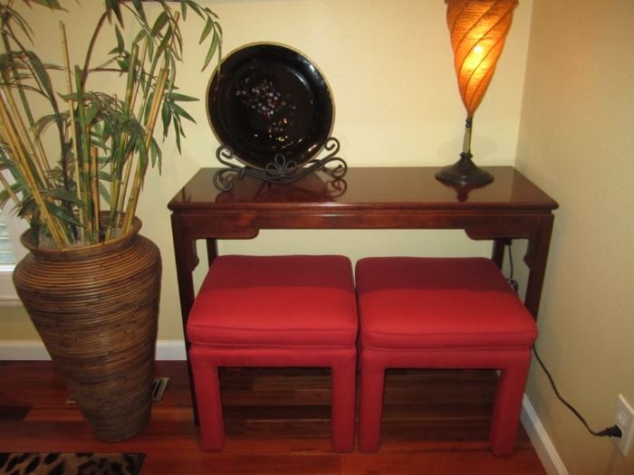 SOFA TABLE AND 2 STOOLS AND DECOR