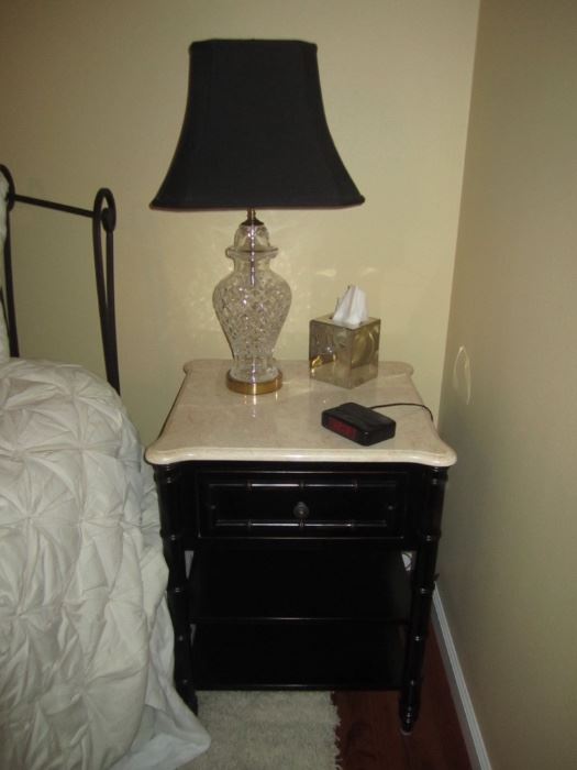 PAIR OF WATERFORD LAMPS WITH BLACK SHADES MATCHING NIGHTSTANDS AND DRESSER FROM ARHAUS