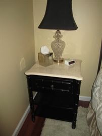 PAIR OF MATCHING NIGHTSTANDS WITH MARBLE TOP FROM ARHAUS AND PAIR OF WATERFORD LAMPS