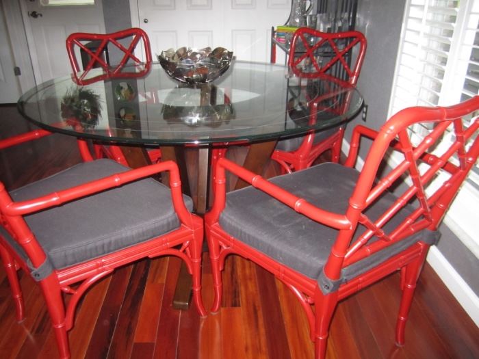 BLACK AND RED CHAIRS FROM WILLIAM SONOMA HOME AND TABLE FROM MACY'S GLASS TOP WOOD BASE