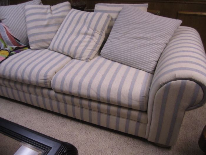 SOFA AND MATCHING CHAIR BEIGE AND GRAY STRIPED