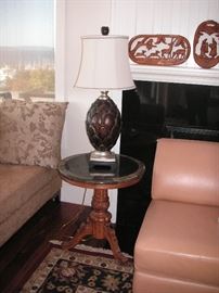 Marble top table; pineapple lamp