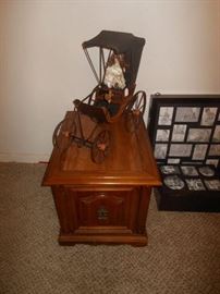 Early American end table & decorative carriage 