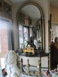 19th Century French Dore & Bronze Clock, Brass Andirons, other Console and Mirror, 19th Century Marble Lions