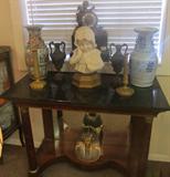 Empire Console w/ Marble Top, Marble Bust of young Girl Titled 'Broken Plate' Empire Candlesticks, French Clock, Chinese B/W Vase, Rose Medallion Vase, Boehm King Tut Bust