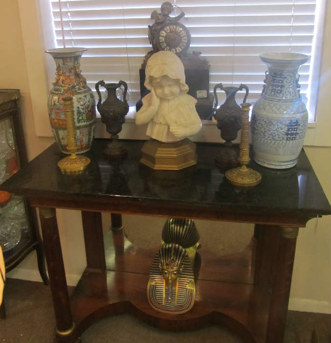 Empire Console w/ Marble Top, Marble Bust of young Girl Titled 'Broken Plate' Empire Candlesticks, French Clock, Chinese B/W Vase, Rose Medallion Vase, Boehm King Tut Bust