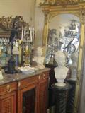 Victorian Pier Mirror, French Sideboard w Marble Top, Signed Marble Bust, Marble Pedestal, Spelter Bust, Gorgeous Pair of Bronze & Marble Girandoles, Bronze Mercury, Gilt Trameau