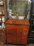 Chestnut Desk, Oil, Spelter Figure, Bass Kettle on Stand