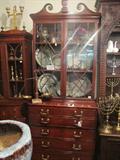 English 18th Century Mahogany Drop Front Secretary, Pewter Collection, Brass Menorahs