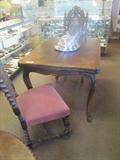 French Country Breakfast Table w Parquetry Top, Pair of English Oak Side Chairs, English Sheffield Silvered Entree Dome w Tray