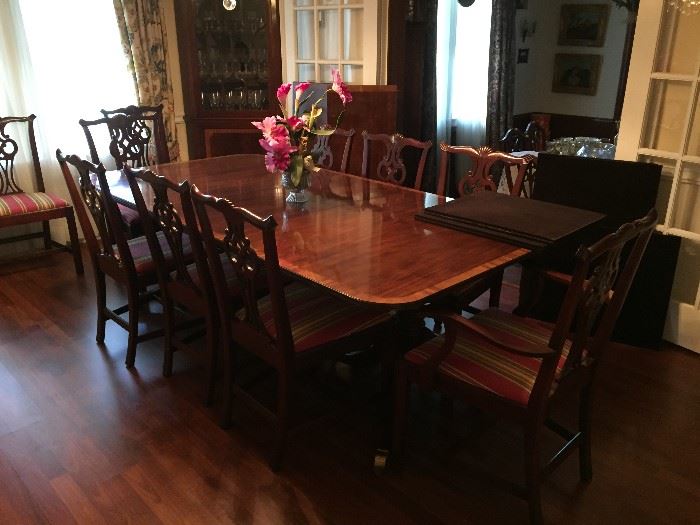 Baker Furniture Company  Banquet Size Mahogany Table.  As shown above with one leaf measures 86" and 44" wide.   Table has two additional 18"  leaves.  Pads Included.  Two Corner Cabinets and a beautiful buffet.   10 Chairs.