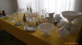 MILK GLASS PUNCH BOWL, CHINA, PAINTED PORCELAIN, GLASS, CRYSTAL