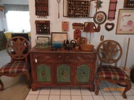 PAINTED CHEST AND PAIR OF SIDE CHAIRS