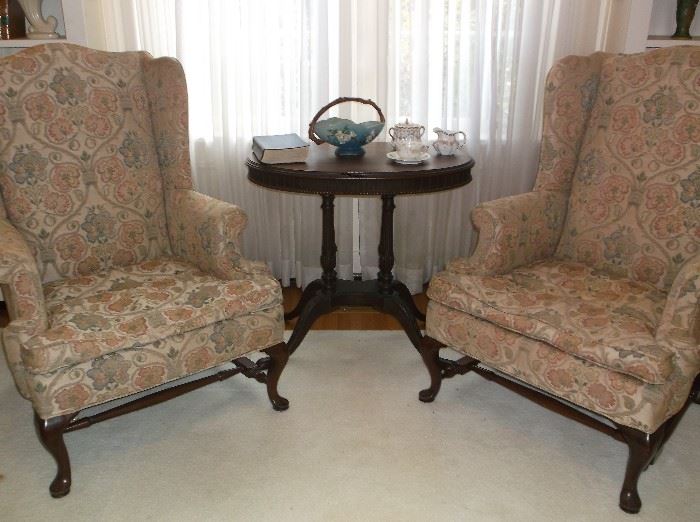 Pair of wing back chairs w/tapestry upholstery