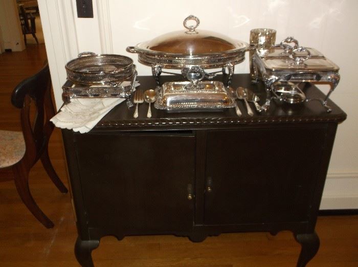 Server w/silverplate casseroles and chafing dish
